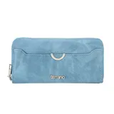 Monedero Terrano color celeste con cierre metálico completo y bolsillo exterior. Interior acordeón con portamonedas y capacidad para varias tarjetas.