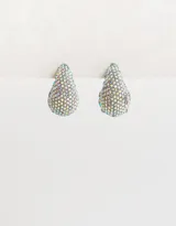 Aros colgantes cortos con forma de gota cubiertos de strass multicolor, con cierre de tope a presión.