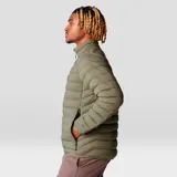 Campera verde oliva de plumas, con cierre frontal, bolsillos laterales con cierre y logo de la marca bordado en el pecho.