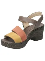 Sandalias de cuero con plataforma y taco de 6 cm. Tiras de cuero color marrón, naranja y amarillo.