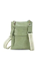Bandolera tipo phone bag color verde militar, con correa larga regulable y desmontable. Tiene cierre metálico superior y dos bolsillos frontales con cierre.