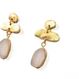 Aros colgantes con piezas geométricas irregulares en color dorado y dije de piedra blanca.