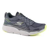 Championes grises Skechers Max Cushioning Elite - Limitless Intensity para hombre. Capellada de malla transpirable y material sintético, plataforma acolchada ULTRA GO y plantilla Air-Cooled Goga Mat.