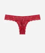 Bombacha bikini hilo color rosa con encaje floral y moña en la cintura.