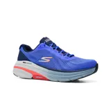 Championes deportivos Skechers Max Cushioning Arch Fit 2.0, color azul con detalles en naranja y suela blanca. Cuentan con soporte de arco aprobado por podólogos y plantilla extraíble para mayor comodidad.