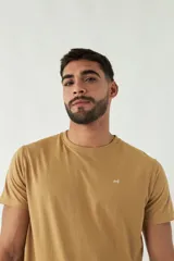 Remera gris de algodón con cuello redondo y logo bordado en el pecho.
