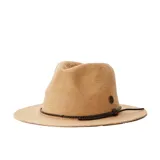 Sombrero de paja color beige con cinta trenzada marrón y logo metálico.