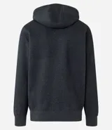 Saco deportivo gris de algodón y poliéster, con capucha ajustable con cordón, cierre frontal con cremallera, mangas largas con puños ajustados y bolsillos laterales.
