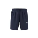Shorts deportivos Adidas Train Essentials, color azul marino, con logo blanco estampado en la pierna izquierda, cintura elástica con cordón ajustable y aberturas laterales para mayor libertad de movimiento. Confeccionados en tejido de punto doble suave y tecnología AEROREADY para mantener la piel seca.