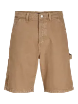 Short de jean color marrón claro, corte holgado, con bolsillos laterales y traseros.