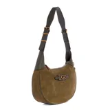 Cartera bandolera Guess color verde oliva, de tamaño mediano, con correa ajustable y logo de la marca en el frente.