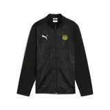 Campera deportiva negra con cierre frontal, cuello alto y mangas largas. Presenta logo de Puma en blanco en el pecho izquierdo y escudo del Club Atlético Peñarol con estrellas amarillas en el pecho derecho. Diseño con líneas onduladas grises en el frente.