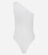 Body básico color durazno, con escote asimétrico y un solo hombro. Confeccionado en microfibra de poliamida y elastano.