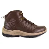 Bota de cuero marrón con cordones, suela de goma y cuello acolchado.