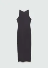 Vestido midi negro de algodón con elastano, corte ajustado, cuello halter y tirantes finos.