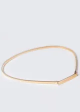 Cinto elastizado dorado con placa rectangular metálica.