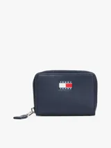 Billetera Tommy Jeans Essential con cierre de cremallera, color azul marino, con logo de la marca bordado en el frente.