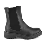 Bota de cuero color gris topo, con elásticos laterales y suela track negra.