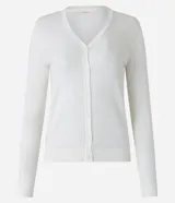 Cardigan blanco de viscosa con cuello en V, cierre frontal de botones y mangas largas.