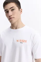 Remera de manga corta color verde menta, con escote redondo y fit regular. Presenta un estampado en la espalda con la frase "NO RULES! BREAK THE RULES" y un diseño abstracto en tonos azules y blancos.