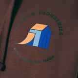 Canguro marrón con capucha, cordones ajustables y bolsillo tipo canguro. Estampado pequeño en el pecho con el logo de la marca.