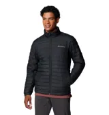 Campera negra acolchada para hombre, marca Columbia, modelo Silver Falls II. Confeccionada con tejido resistente al agua y tecnología Omni-Shield™ que repele la humedad y las manchas. Cuenta con aislamiento Thermarator™ de poliéster reciclado, bolsillos con cremallera, puños elásticos y dobladillo ajustable con cordón.