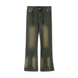 Pantalón de jean unisex, color negro con efecto desgastado y lavado. Corte Oxford (acampanado) con pinzas en los tobillos y elástico en la parte trasera de la cintura.