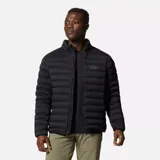 Campera verde oliva de plumas, con cierre frontal, bolsillos laterales con cierre y logo de la marca bordado en el pecho.