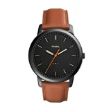 Reloj Fossil con caja negra, dial negro con detalles en naranja y correa de cuero marrón.