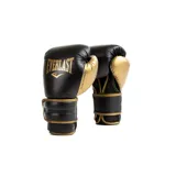 Guantes de boxeo Everlast Powerlock negros con detalles dorados, fabricados en piel de alta calidad.