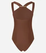 Malla enteriza marrón con breteles medianos y detalle metalizado dorado en el centro del escote.