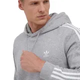 Canguro Adidas gris con capucha y cordones ajustables, bolsillo tipo canguro y logo bordado en el pecho. Presenta las tres rayas características de la marca en color blanco a lo largo de las mangas.
