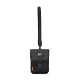 Bandolera negra con estampado geométrico, correa ajustable con hebilla de liberación rápida, compartimento principal con bolsillo plano, bolsillo trasero y anilla en D con la marca Caterpillar.