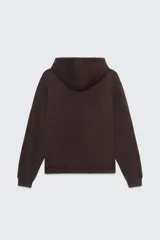 Sudadera marrón con capucha ajustable con cordones y bordado blanco con el texto 'ZAFA A Coruña Established 1975 Rúa Juan Flórez 64-66'.