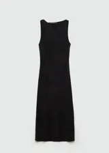 Vestido midi negro de breteles finos con detalle de nudo en uno de los breteles.