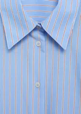 Camisa de popelina a rayas verticales celestes y blancas, de corte recto, con cuello camisero y mangas largas con puños abotonados.