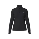 Remera deportiva New Balance negra de manga larga con cuello alto y cierre de cremallera corto. Cuenta con orificios para los pulgares en los puños y logo reflectante en el pecho.
