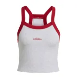 Musculosa Adidas de mujer, corte ajustado, color gris melange con ribetes y bordado frontal en color rojo. Presenta un diseño tipo racerback en la espalda.