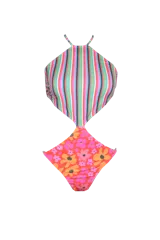 Trikini enteriza con corpiño a rayas verticales de colores y parte inferior con estampado floral.