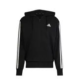 Campera Adidas Essentials 3 para hombre, color negro con las tres tiras blancas en las mangas, cierre frontal completo, capucha con cordón ajustable y bolsillos laterales.