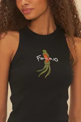 Vestido midi negro de canalé con estampado de aves de Farm Rio, escote redondo y tirantes finos.