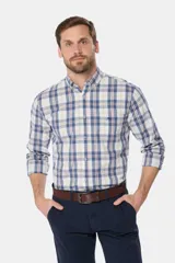 Camisa de manga larga a cuadros celestes, azules, amarillos y naranjas, con fit regular y logo bordado.