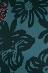Bombacha de bikini verde petróleo con estampado de hojas y dibujo de una mano en rosa.