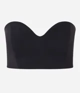 Blusa super cropped de sastrería color negro, con escote corazón y cierre trasero con cremallera.