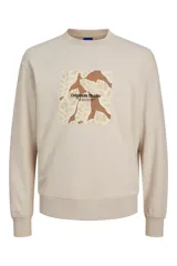 Buzo de manga larga y cuello redondo color beige, con diseño gráfico frontal y fit relajado.