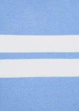 Buzo de manga corta de tejido de punto fino color celeste con rayas horizontales blancas, cuello redondo y diseño recto.