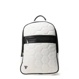 Mochila Tiffosi mixta, color blanco con detalles en negro. Presenta un diseño acolchado con patrón hexagonal en la parte frontal y un bolsillo exterior con cierre.
