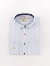 Camisa de algodón color beige con rayas, de corte straight fit y cuello con botones.