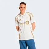 Camiseta de fútbol Adidas Originals del equipo LA, color blanco con detalles dorados, cuello polo acanalado y corte regular. Presenta el logo de Adidas, el escudo del equipo y el sponsor BMO en el frente.