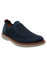 Zapato casual slip-on azul marino de poliéster tejido, con suela de EVA Comfort Flex y detalle de tirador rojo en el talón.